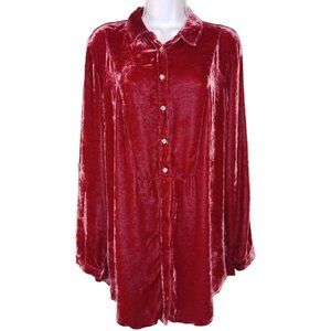 J.JILL Medium Red Wine Silk/Rayon Crushed Velvet Long Sleeve Button Front Blouse